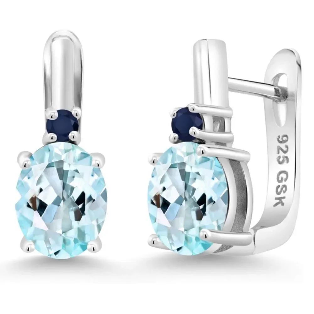 925 Sterling Silver with 4.10Cttw Sky Blue Topaz and Navy Blue Sapphire Earrings